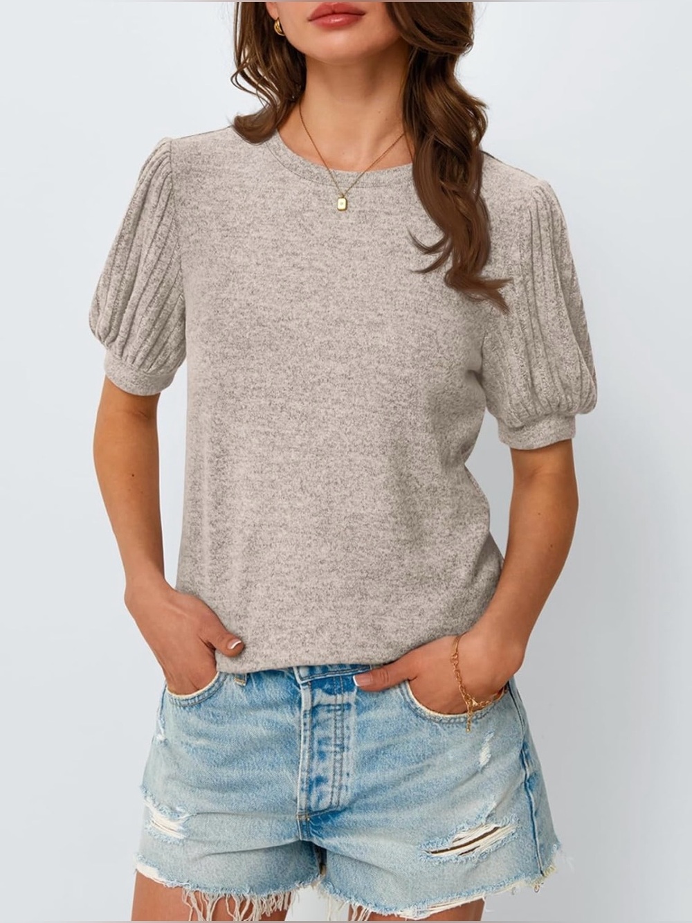 Khaki Color Puff-Sleeve Soft, Textured Top - Picture 2 of 4